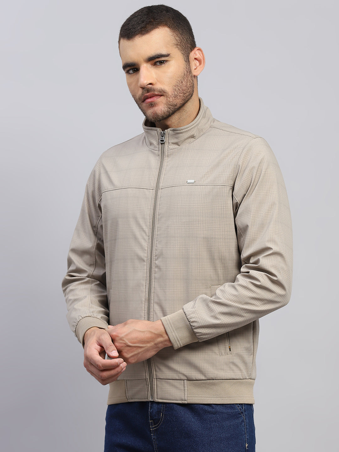 Men Beige Solid Stand Collar Full Sleeve Jacket
