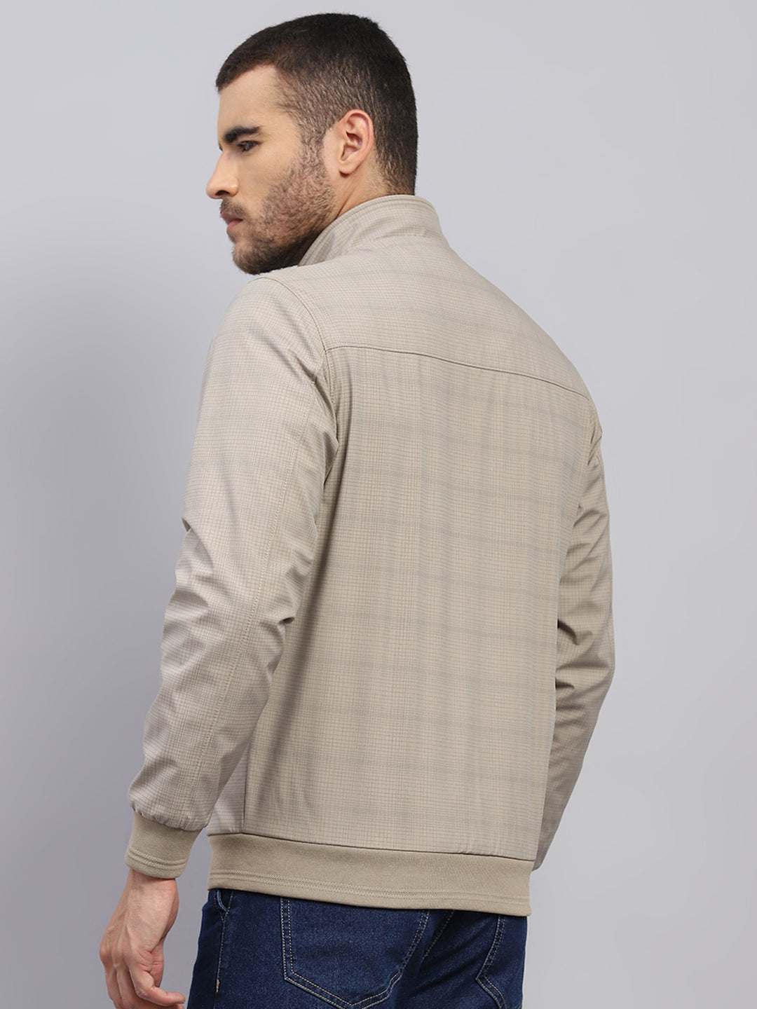 Men Beige Solid Stand Collar Full Sleeve Jacket