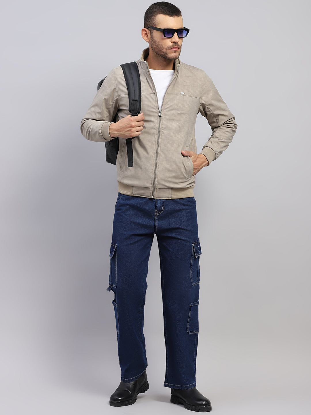 Men Beige Solid Stand Collar Full Sleeve Jacket