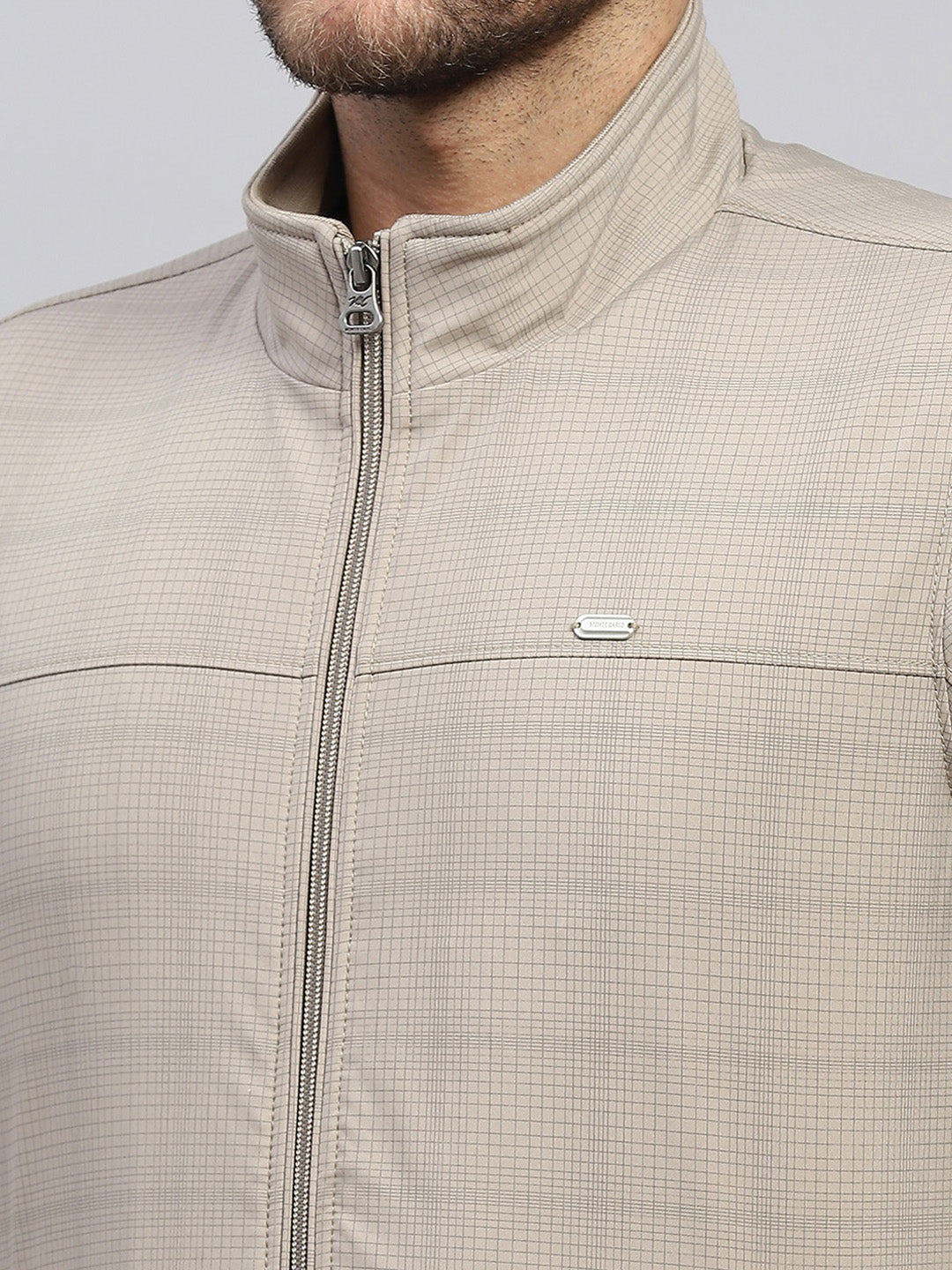 Men Beige Solid Stand Collar Full Sleeve Jacket
