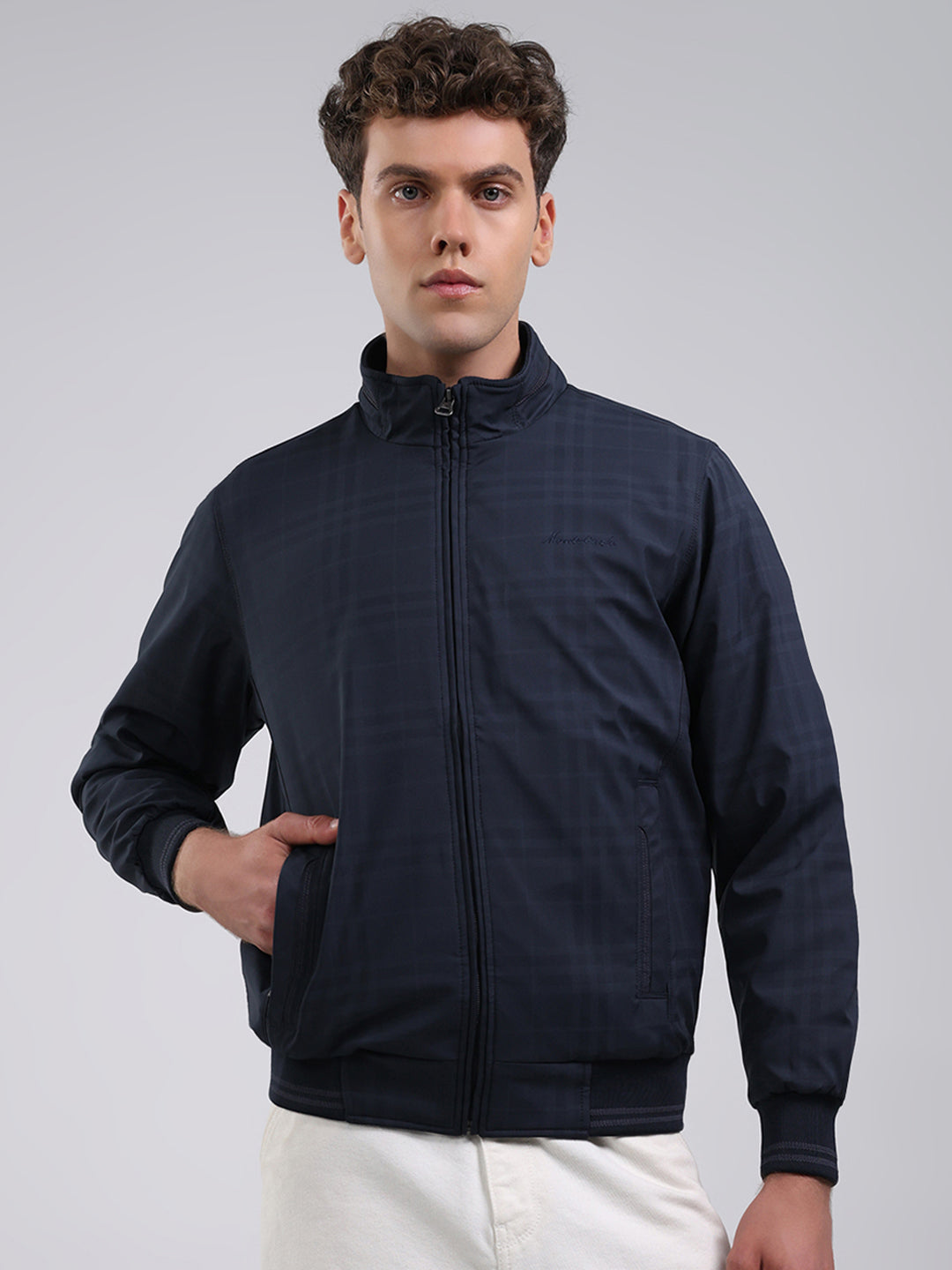 Men Navy Blue Solid Stand Collar Full Sleeve Jacket
