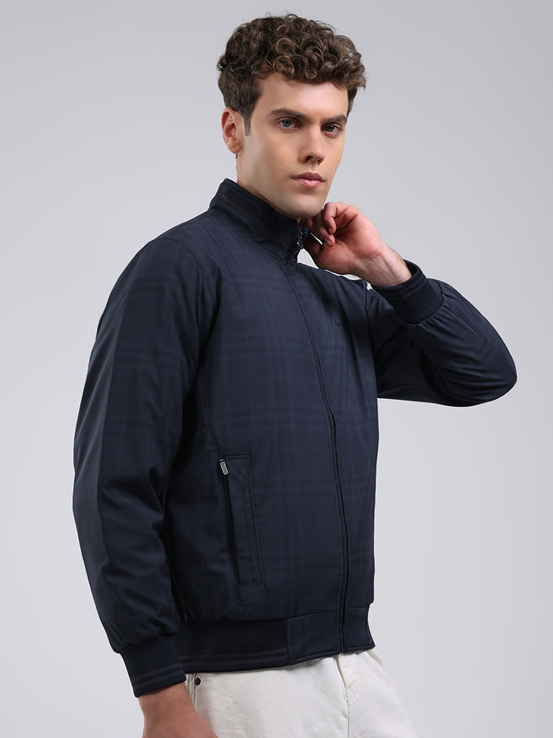 Men Navy Blue Solid Stand Collar Full Sleeve Jacket