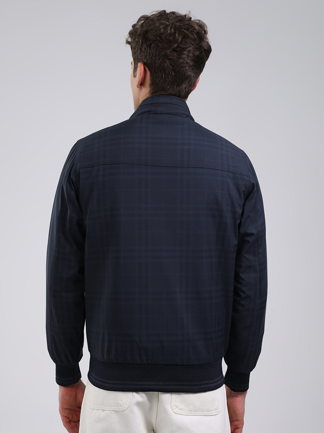 Men Navy Blue Solid Stand Collar Full Sleeve Jacket