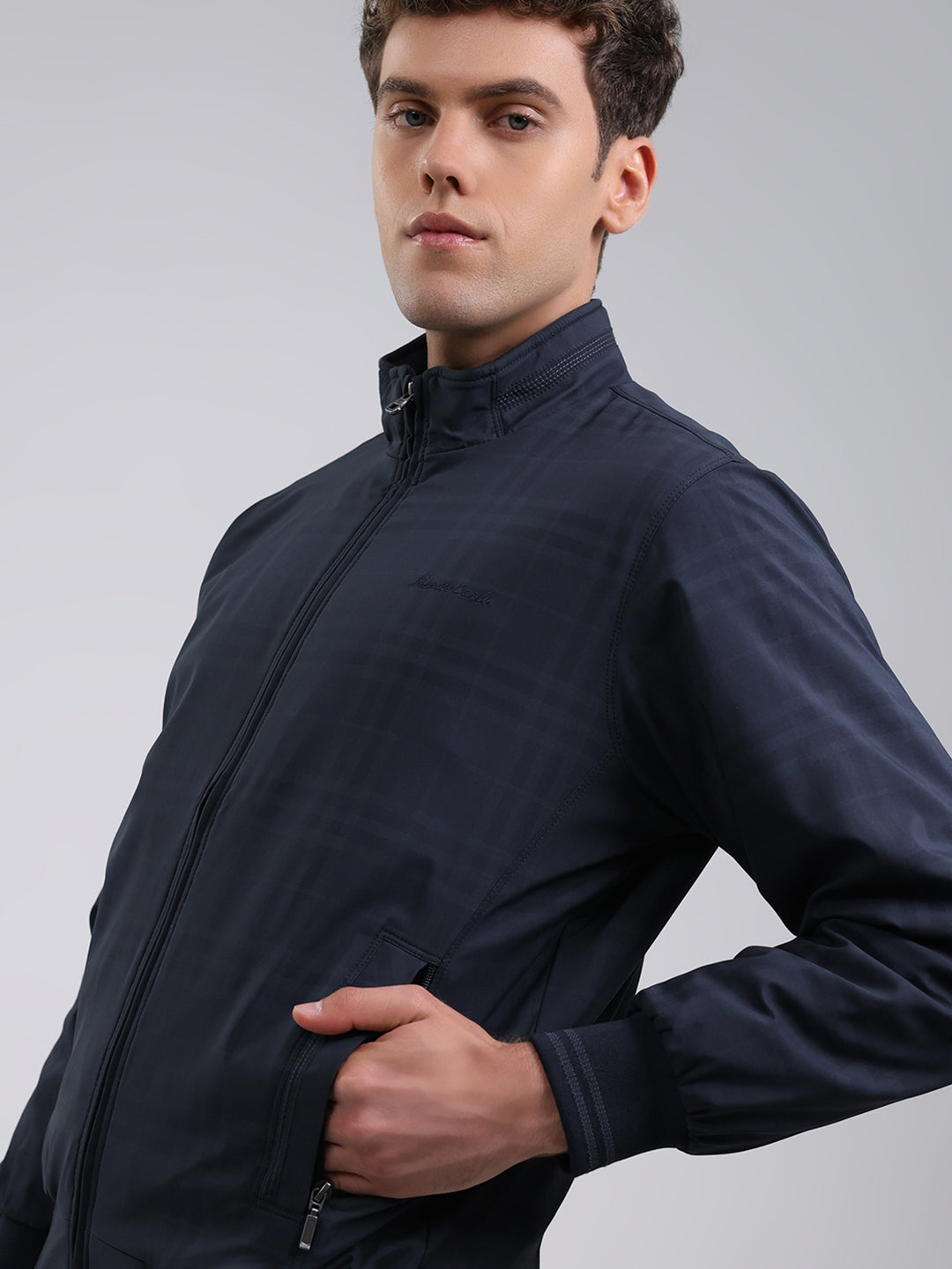 Men Navy Blue Solid Stand Collar Full Sleeve Jacket