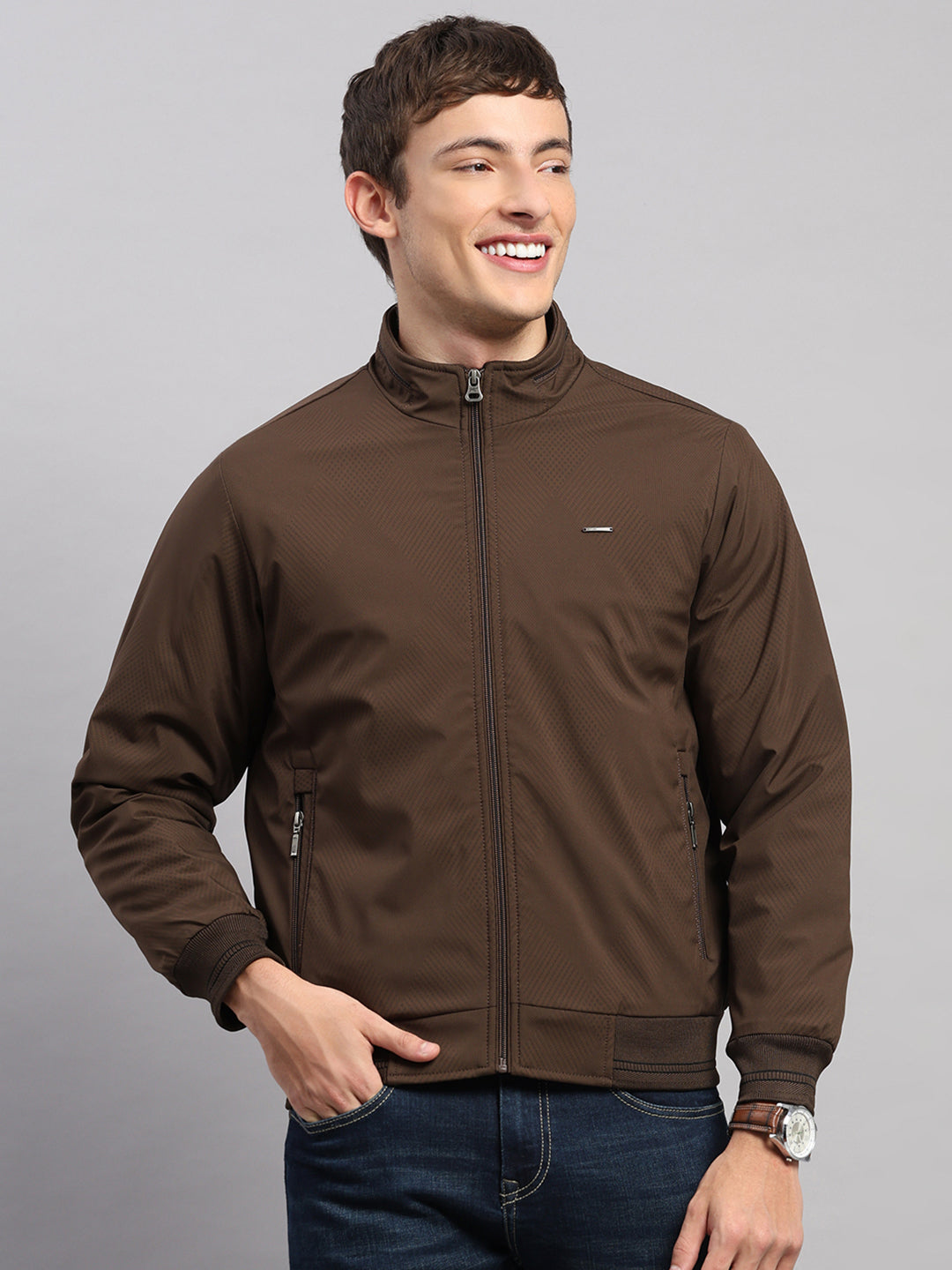 Men Brown Solid Stand Collar Full Sleeve Jacket