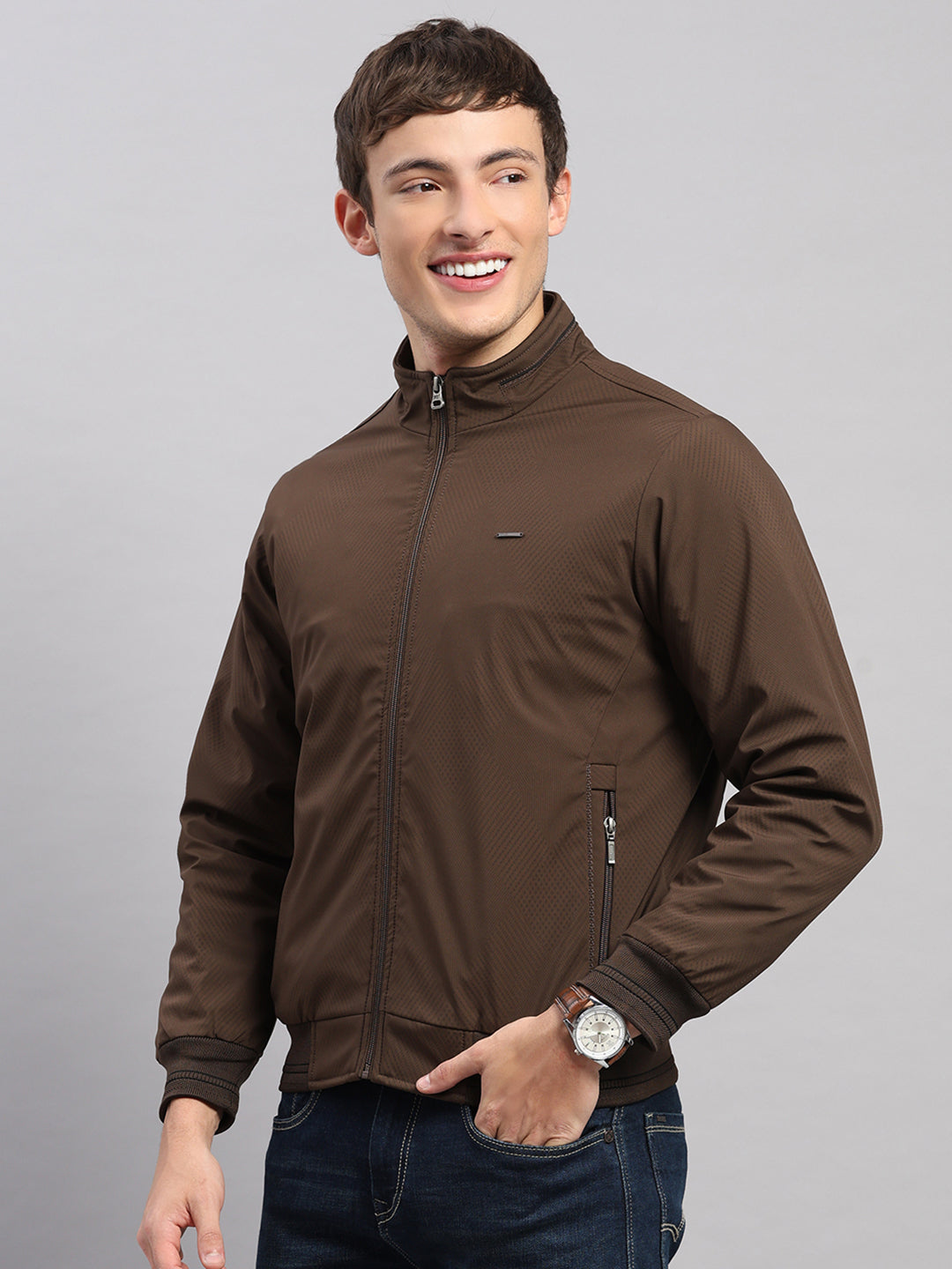 Men Brown Solid Stand Collar Full Sleeve Jacket