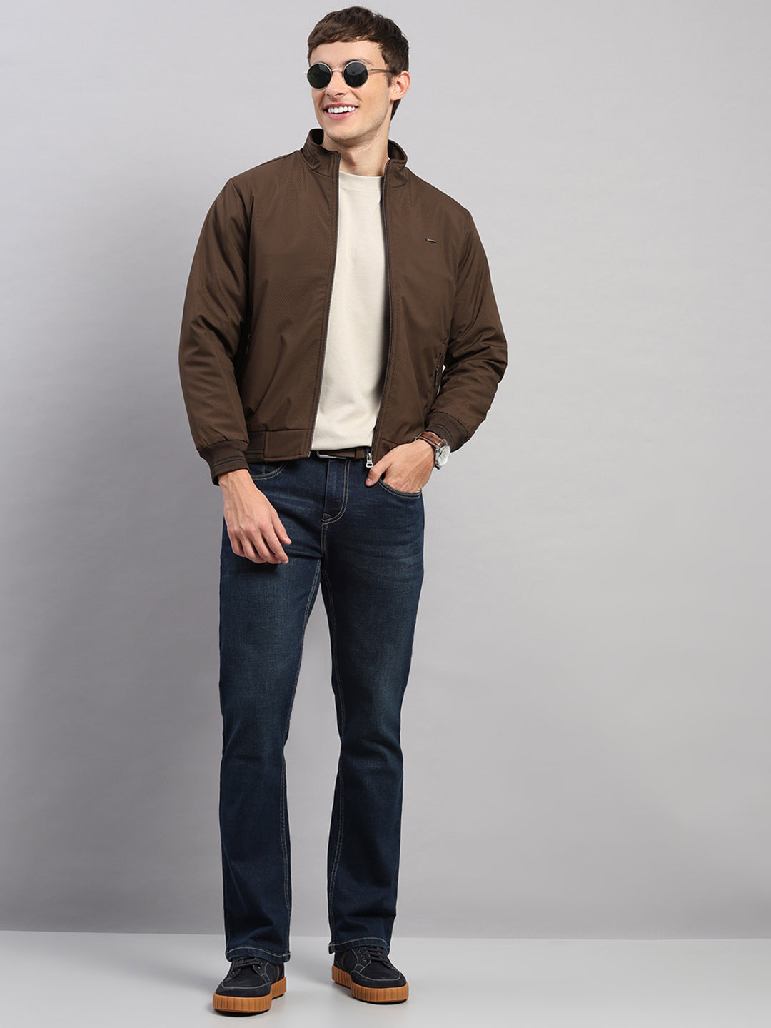 Men Brown Solid Stand Collar Full Sleeve Jacket