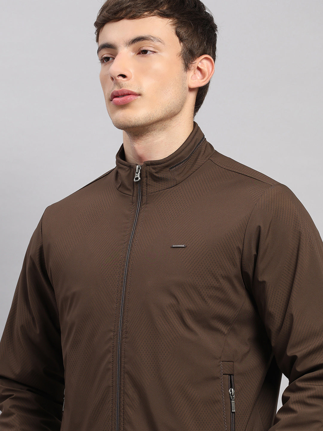 Men Brown Solid Stand Collar Full Sleeve Jacket