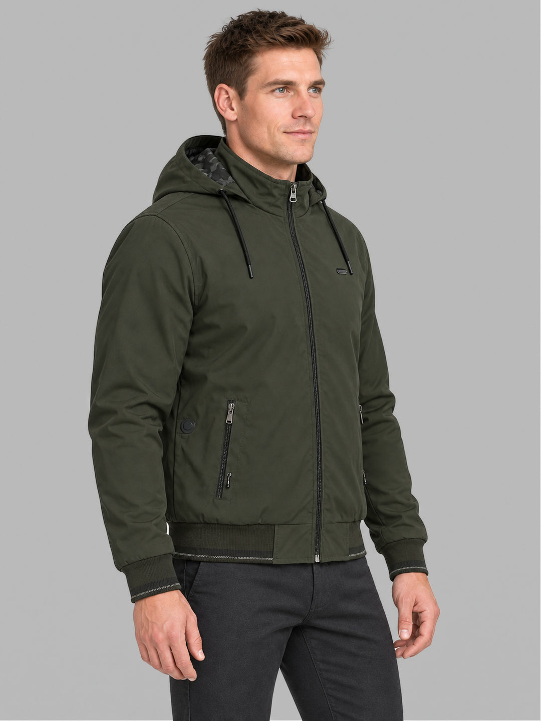 Men Green Solid Hooded Full Sleeve Jacket