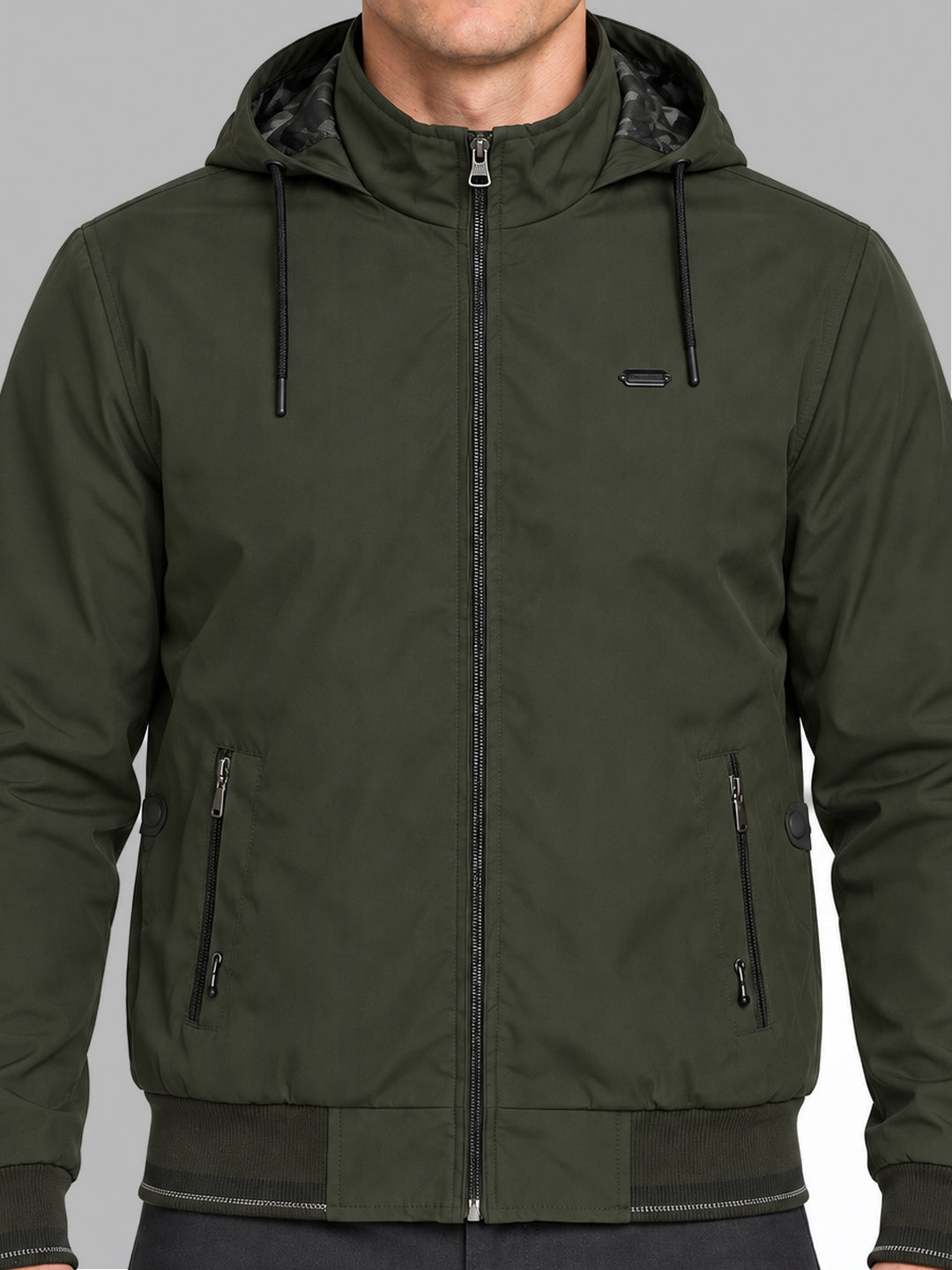 Men Green Solid Hooded Full Sleeve Jacket