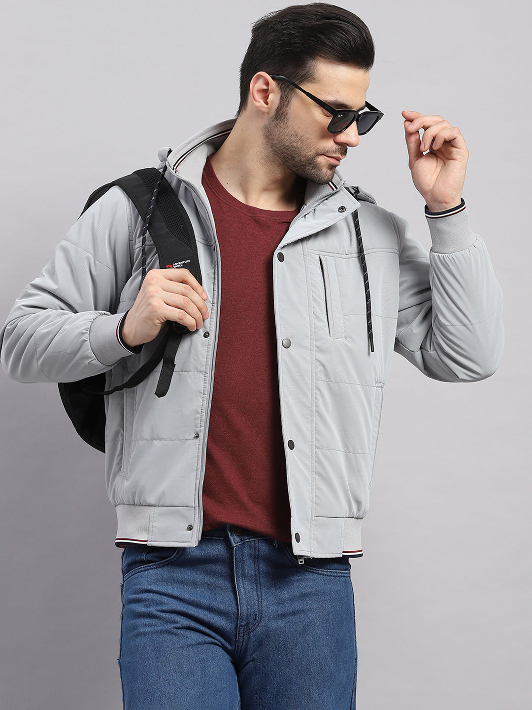 Men Grey Solid Hooded Full Sleeve Jacket