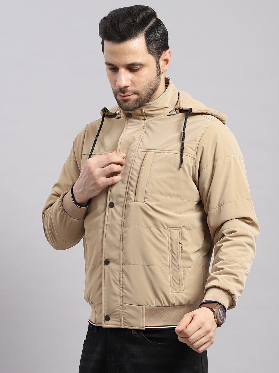 Men Khaki Solid Hooded Full Sleeve Jacket