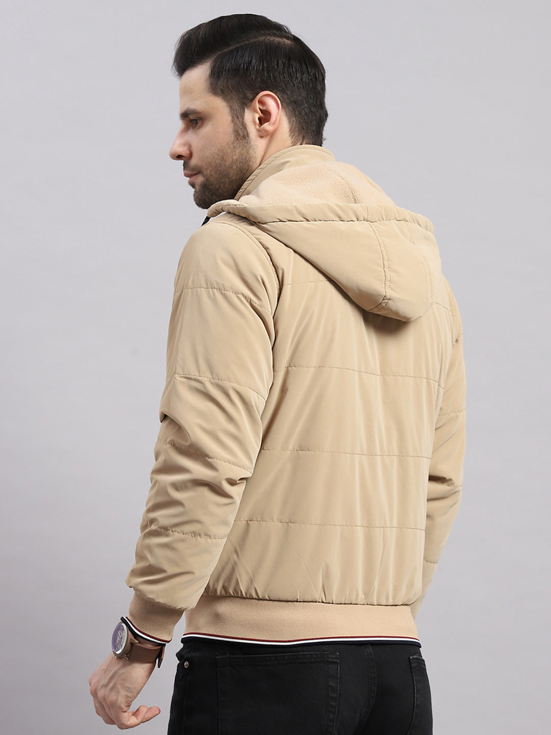 Men Khaki Solid Hooded Full Sleeve Jacket