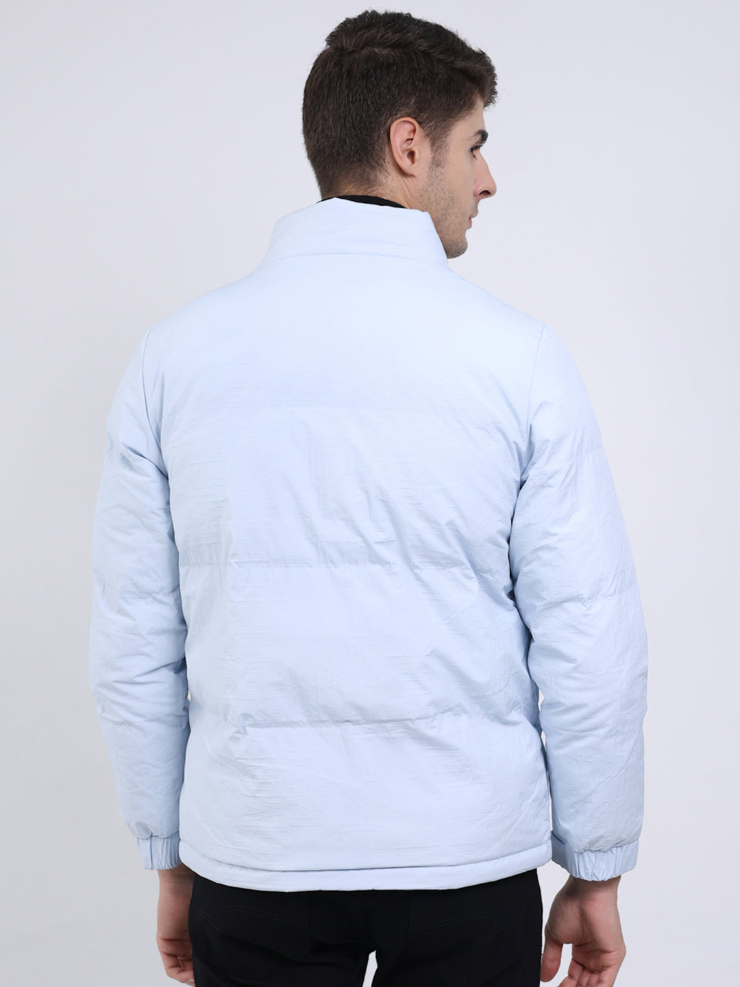 Men Sky Blue Solid Mock Neck Full Sleeve Jacket