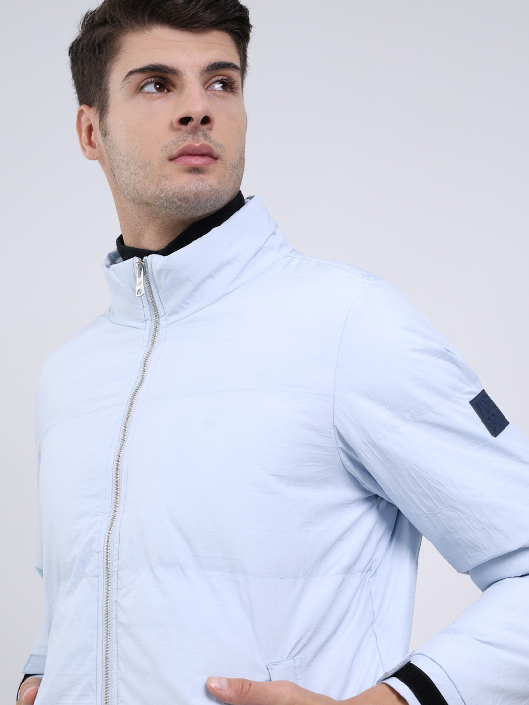 Men Sky Blue Solid Mock Neck Full Sleeve Jacket