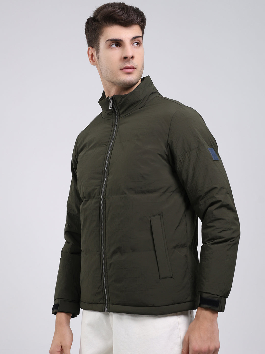 Men Olive Solid Mock Neck Full Sleeve Jacket