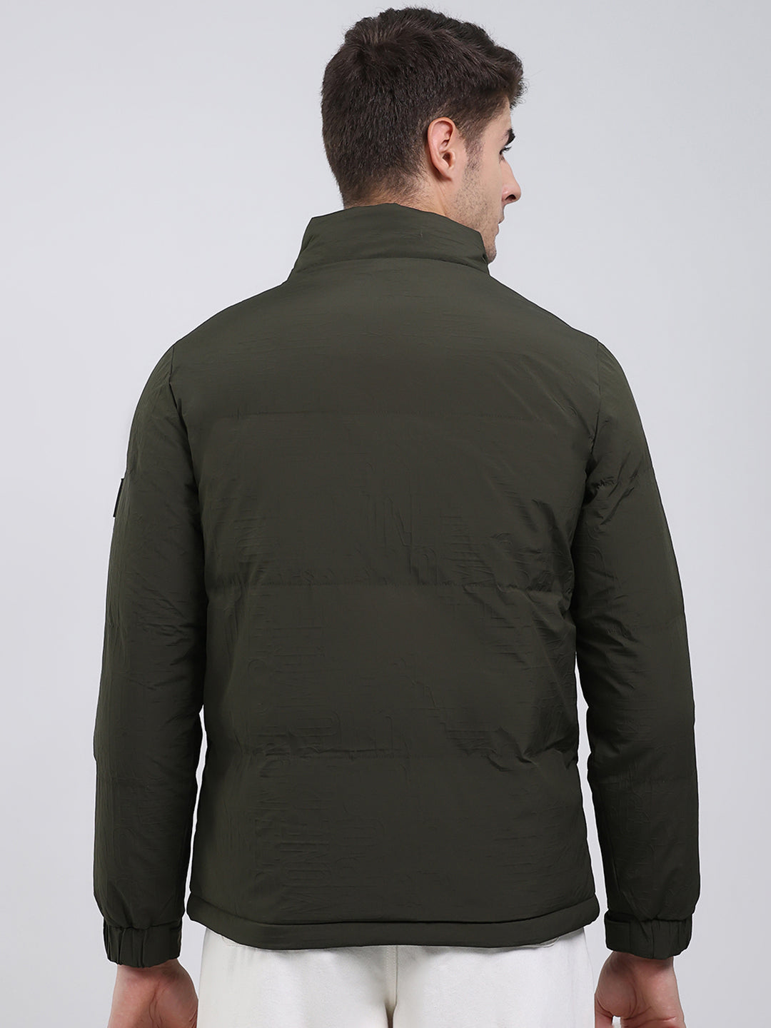 Men Olive Solid Mock Neck Full Sleeve Jacket