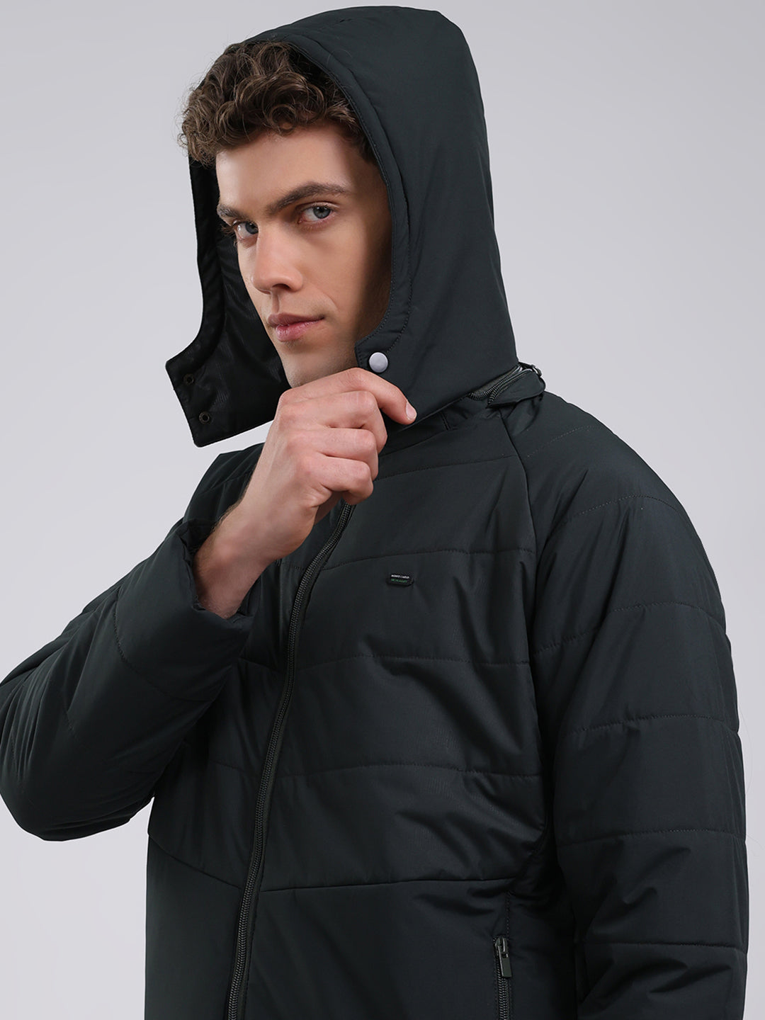 Men Olive Solid Hooded Full Sleeve Jacket