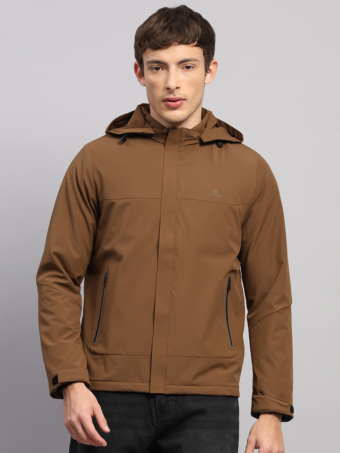 Men Tan Solid Hooded Full Sleeve Jacket
