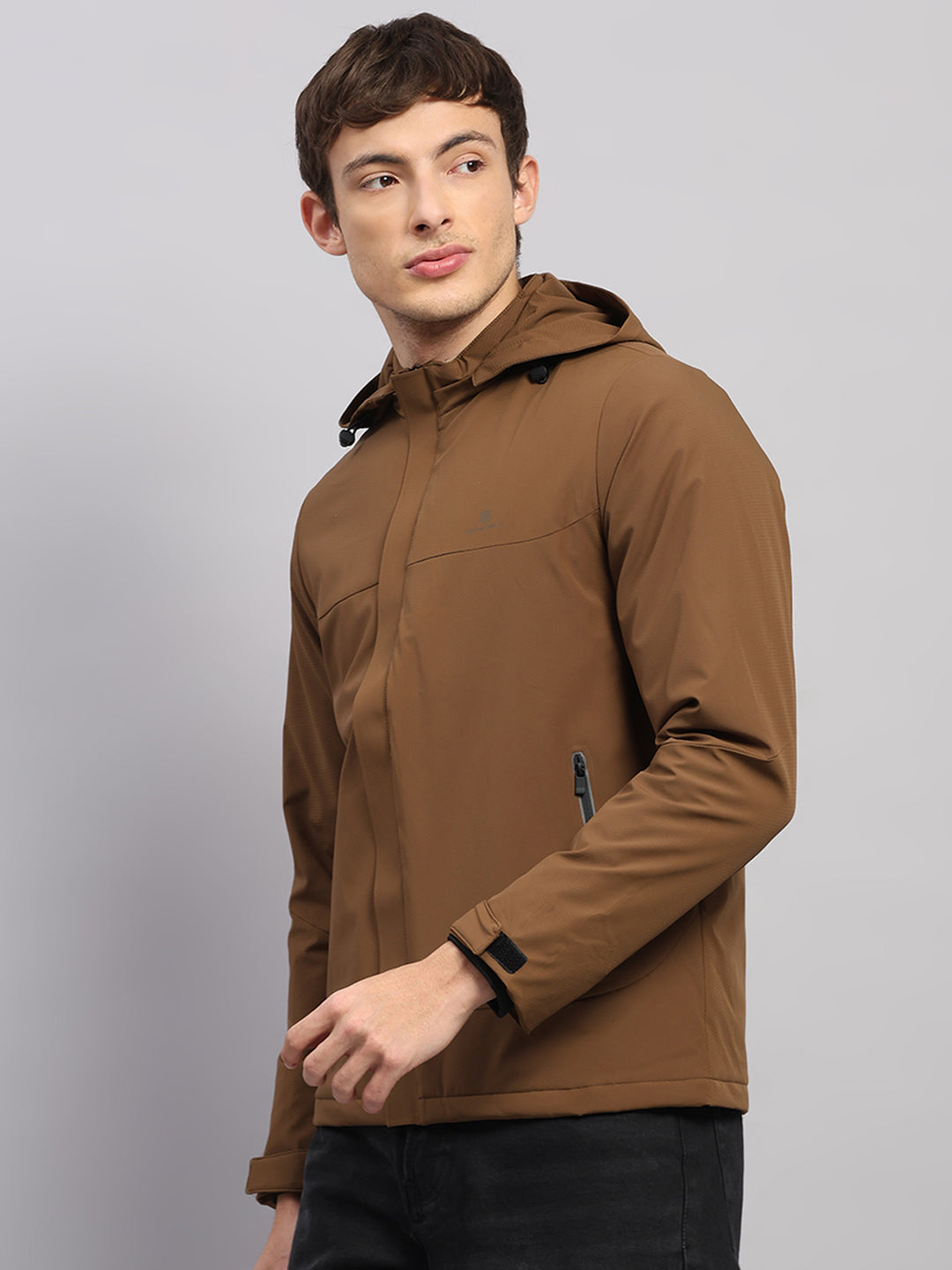 Men Tan Solid Hooded Full Sleeve Jacket