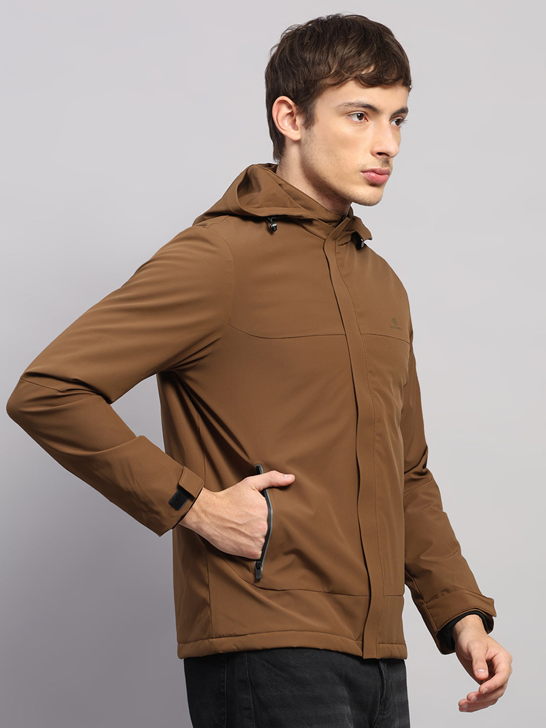 Men Tan Solid Hooded Full Sleeve Jacket