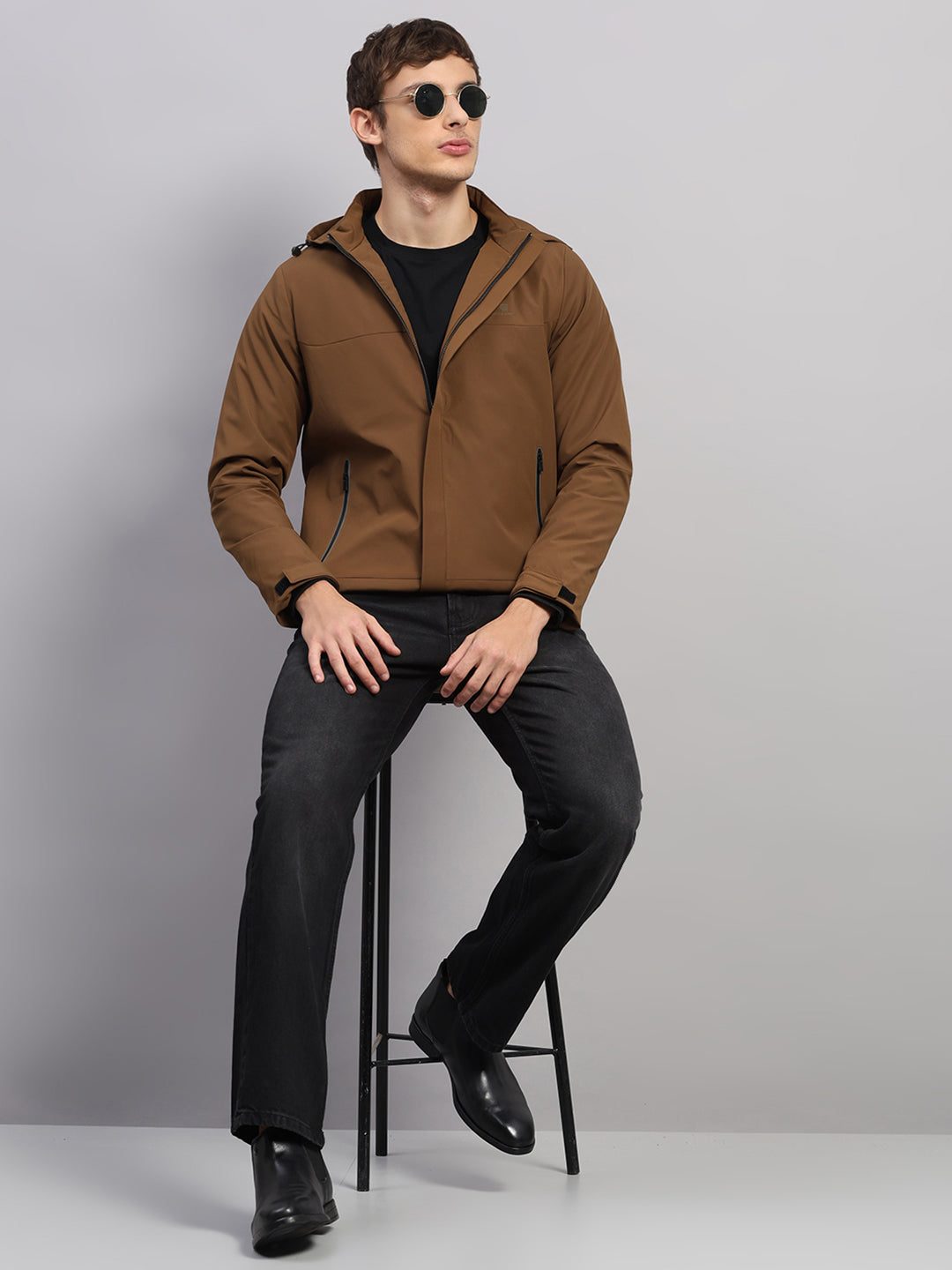 Men Tan Solid Hooded Full Sleeve Jacket