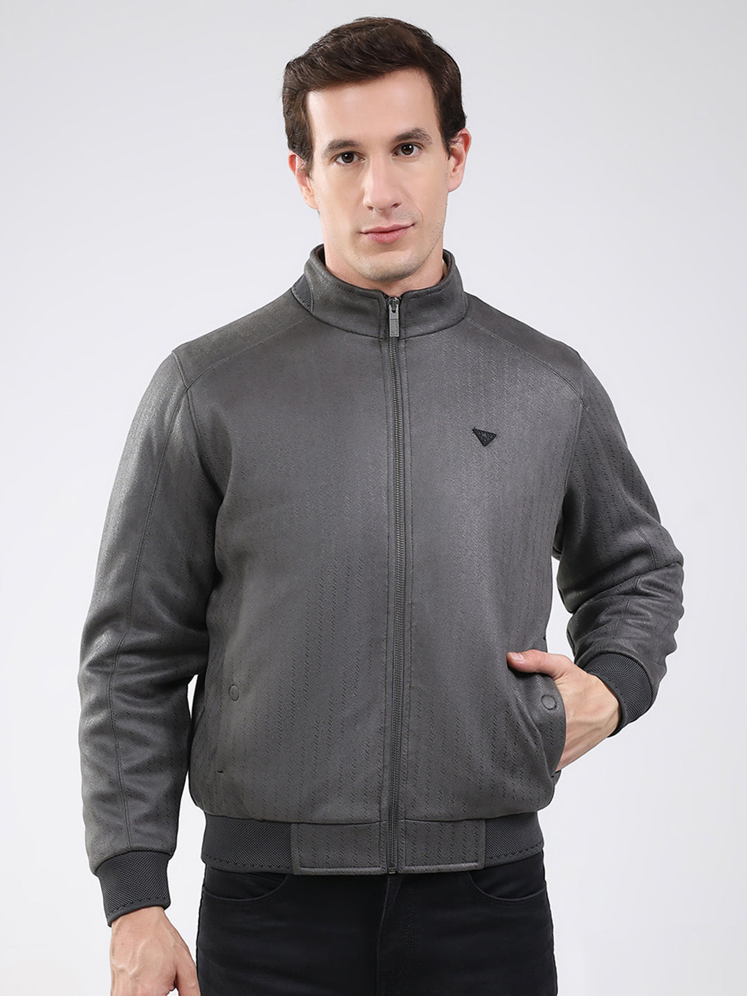 Men Olive Solid Mock Neck Full Sleeve Jacket