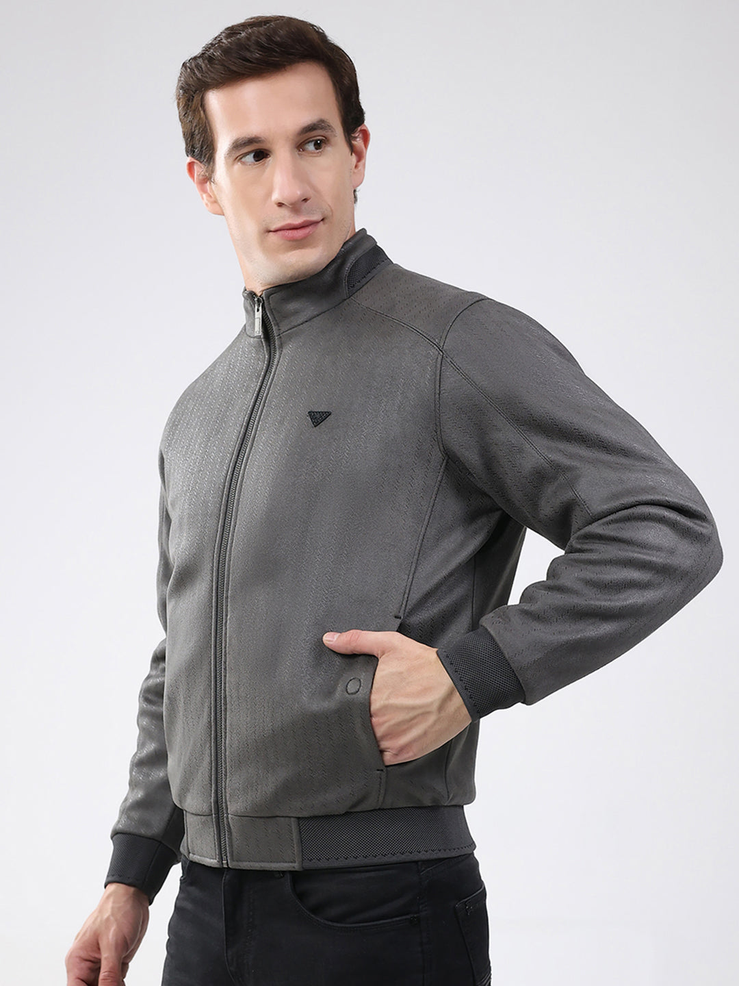 Men Olive Solid Mock Neck Full Sleeve Jacket