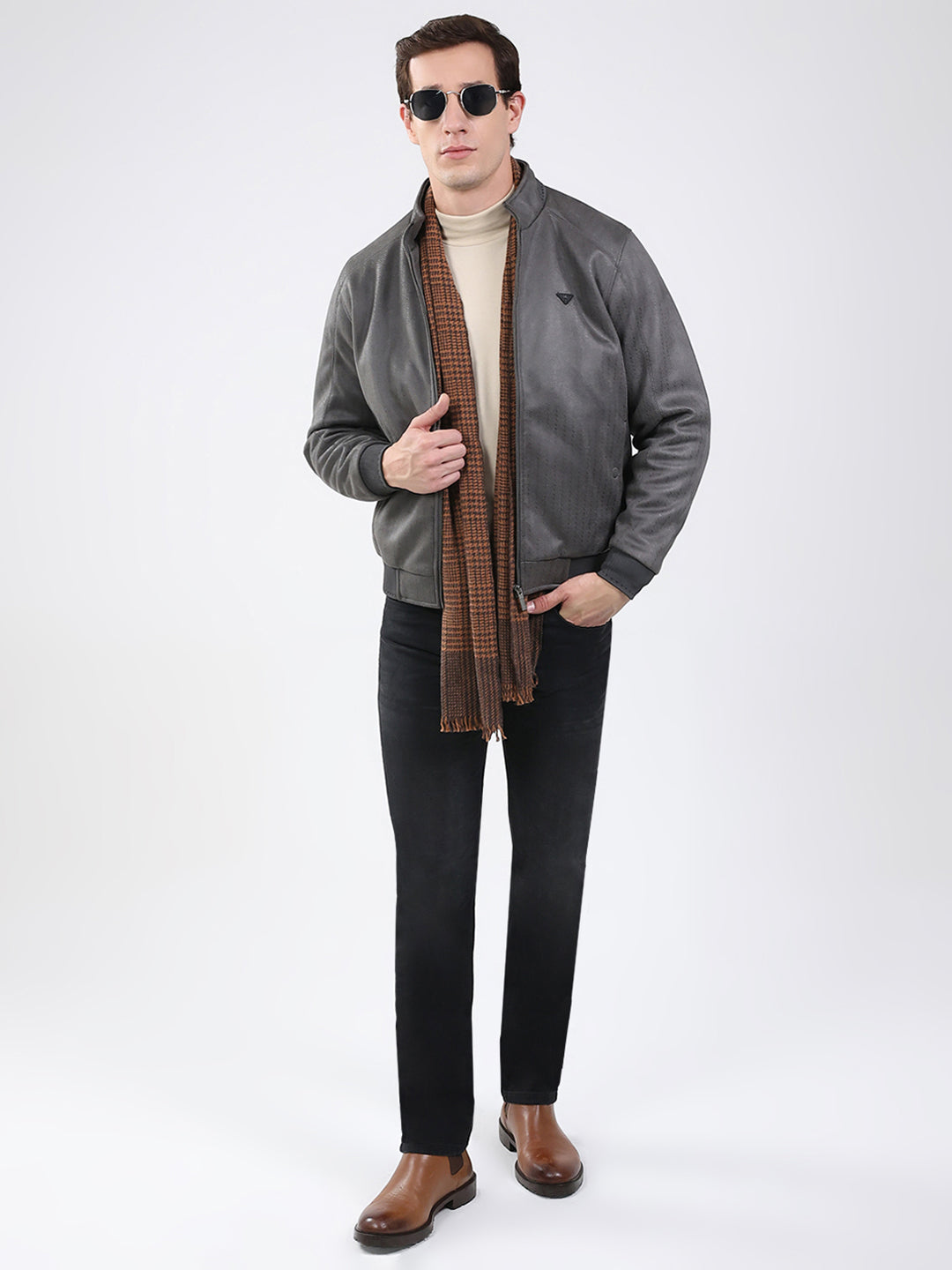 Men Olive Solid Mock Neck Full Sleeve Jacket