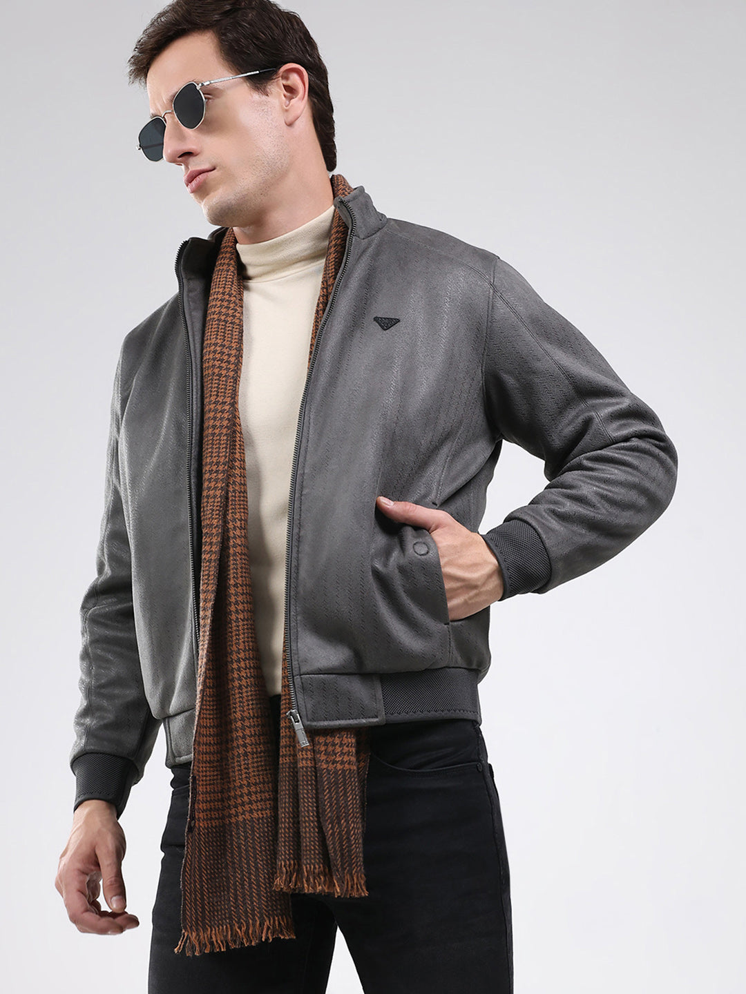 Men Olive Solid Mock Neck Full Sleeve Jacket