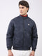 Men Navy Blue Solid Mock Neck Full Sleeve Jacket