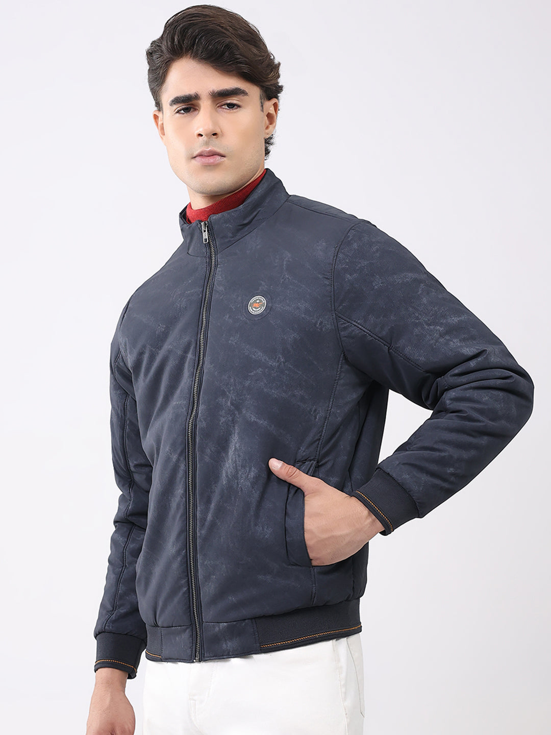 Men Navy Blue Solid Mock Neck Full Sleeve Jacket