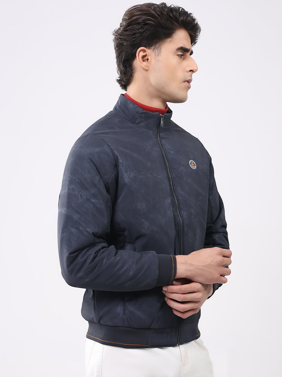 Men Navy Blue Solid Mock Neck Full Sleeve Jacket