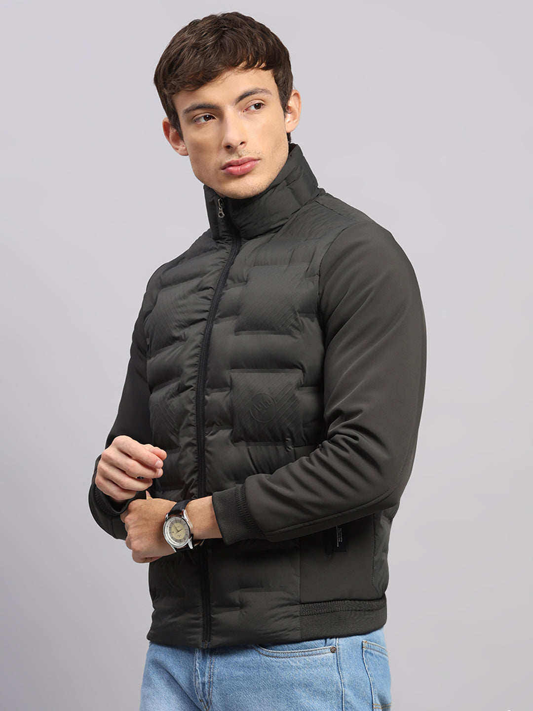 Men Olive Solid Mock Neck Full Sleeve Jacket