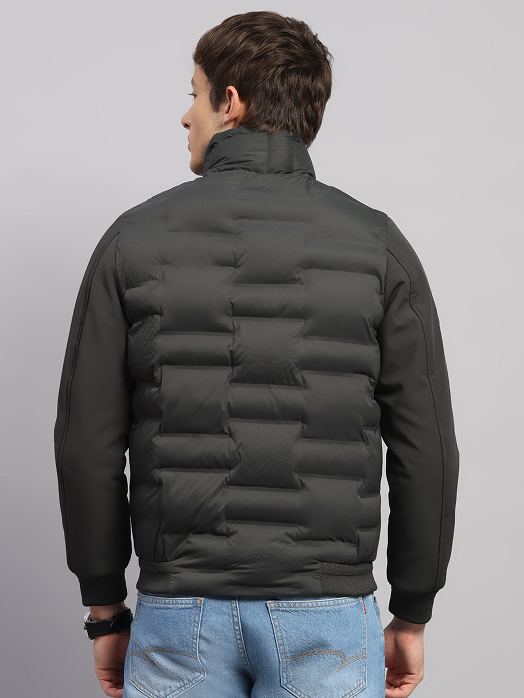 Men Olive Solid Mock Neck Full Sleeve Jacket