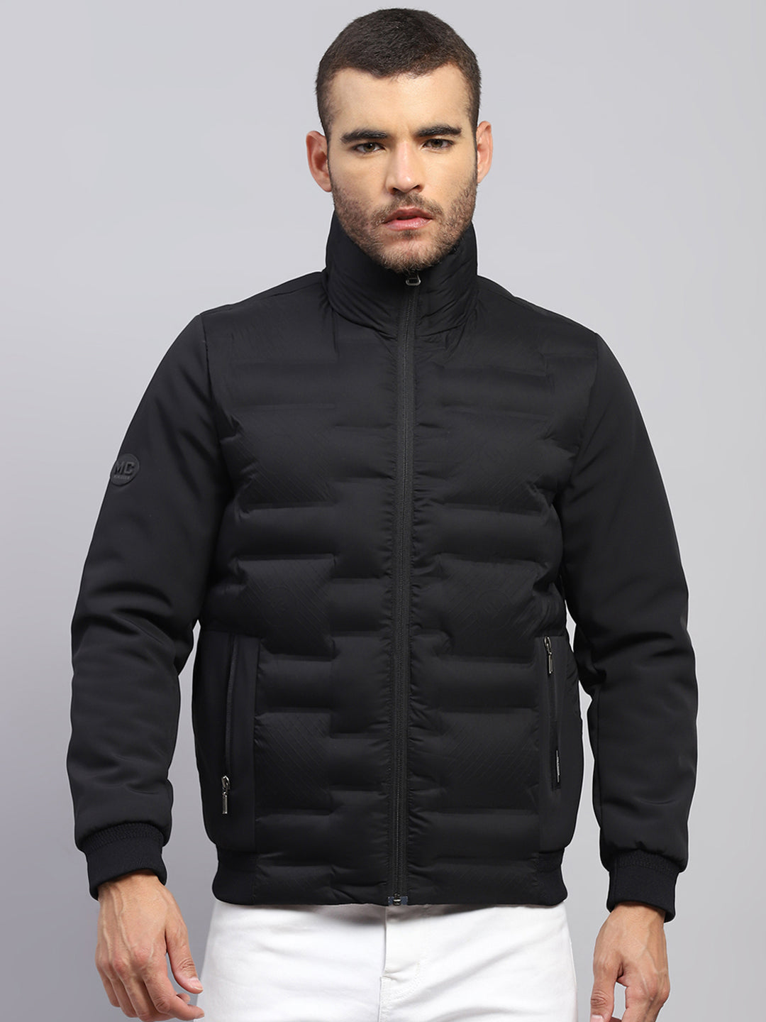 Men Black Solid Stand Collar Full Sleeve Jacket
