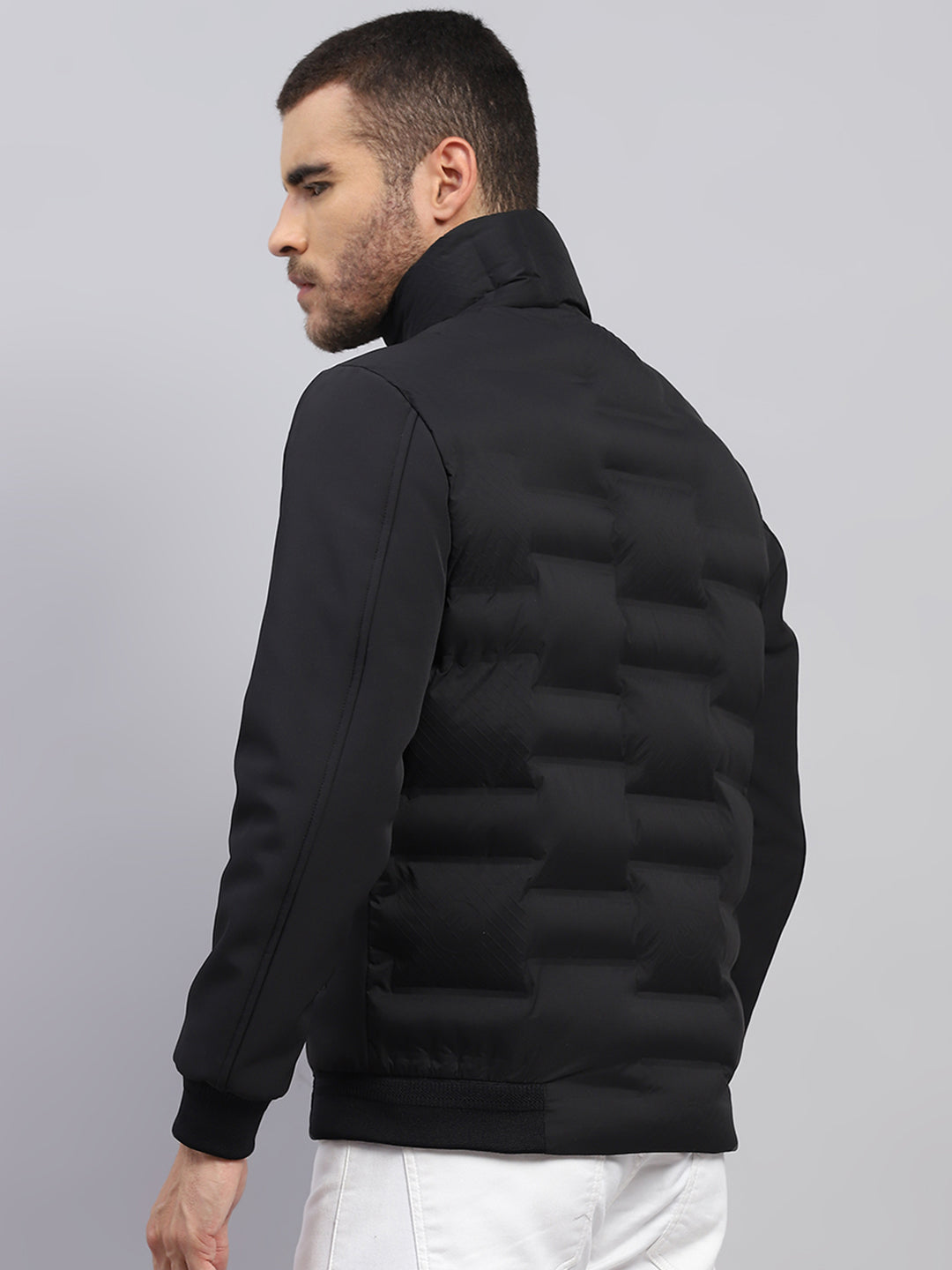 Men Black Solid Stand Collar Full Sleeve Jacket