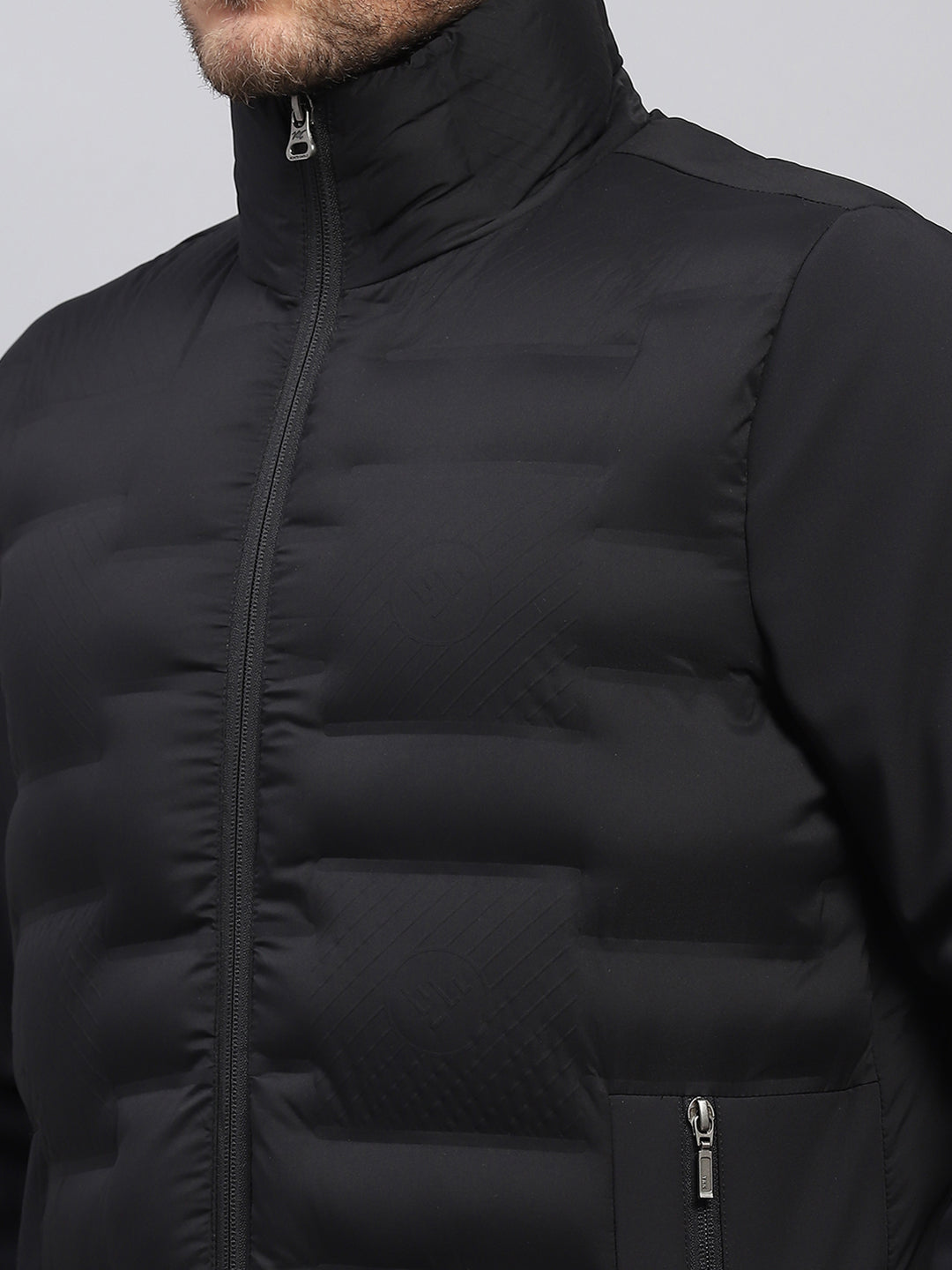 Men Black Solid Stand Collar Full Sleeve Jacket