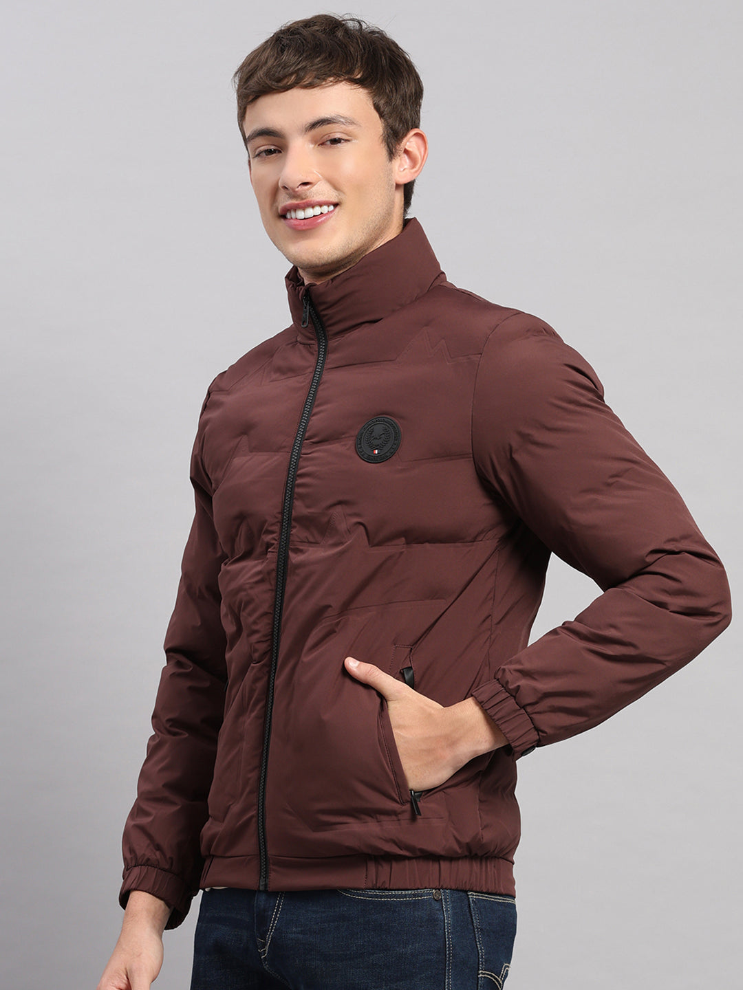 Men Burgundy Solid Stand Collar Full Sleeve Jacket