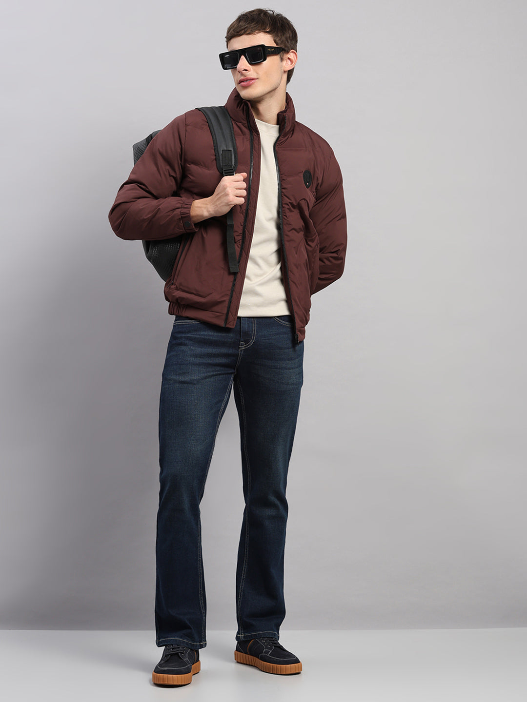 Men Burgundy Solid Stand Collar Full Sleeve Jacket