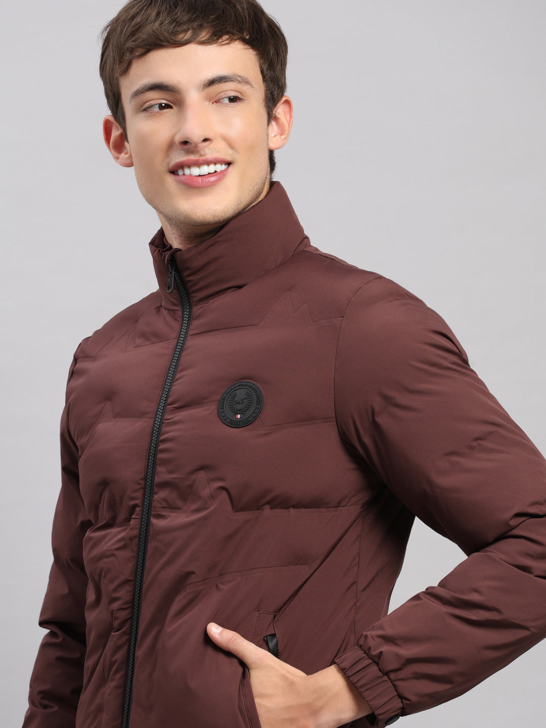 Men Burgundy Solid Stand Collar Full Sleeve Jacket