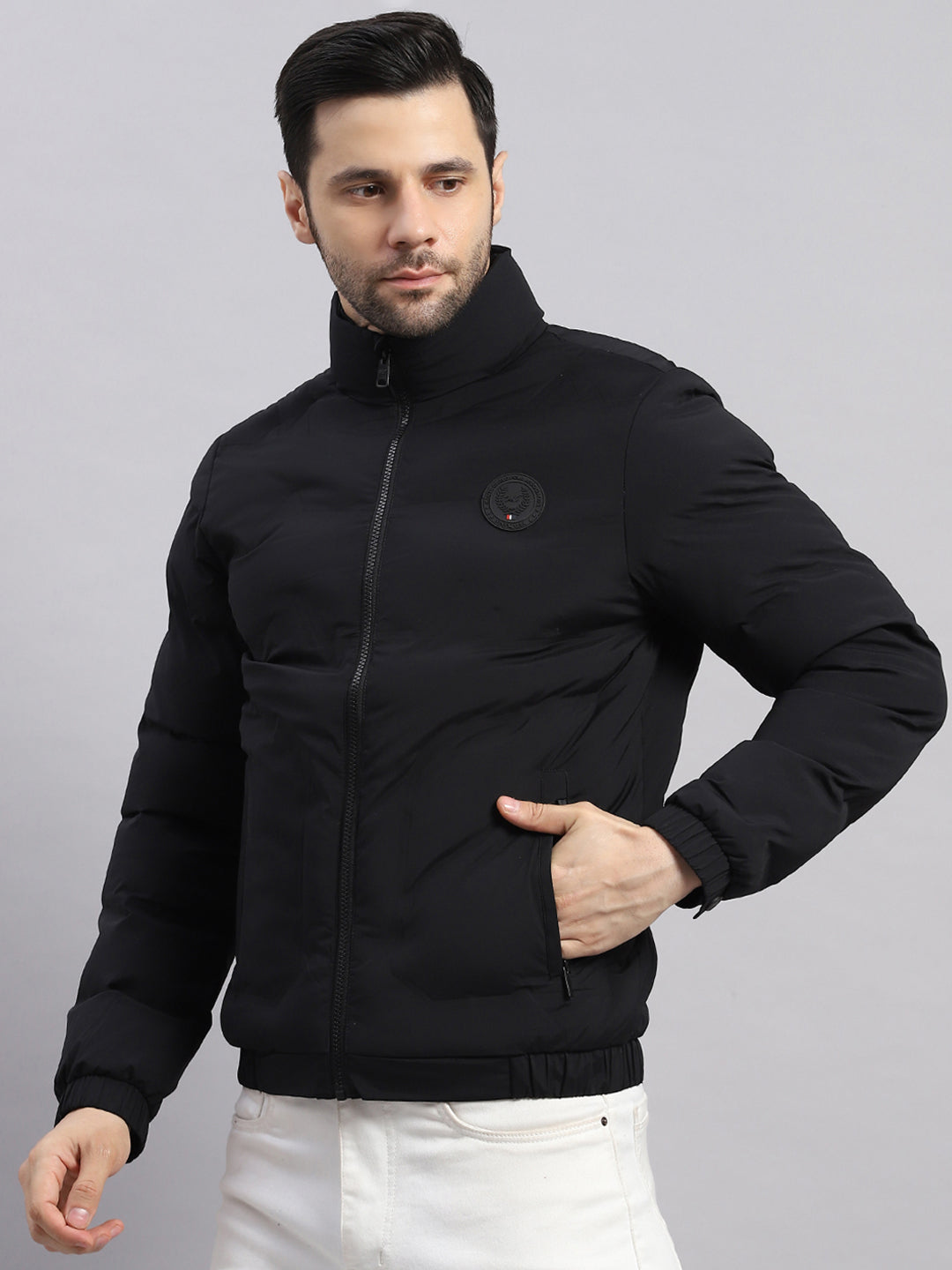 Men Black Solid Stand Collar Full Sleeve Jacket