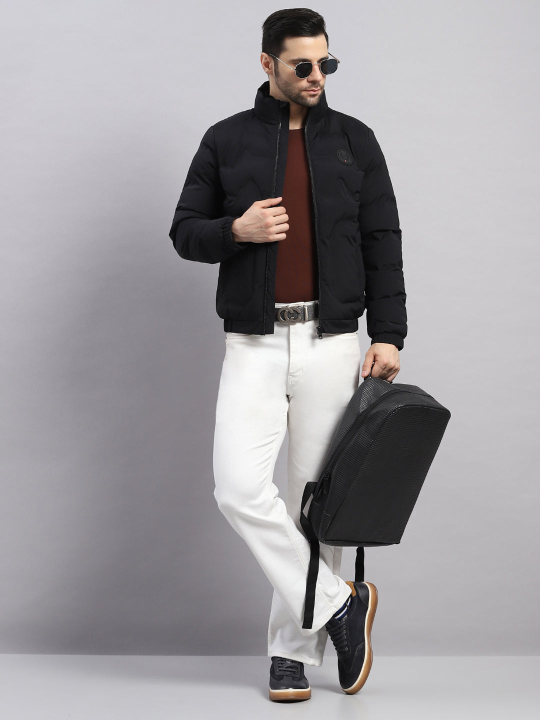 Men Black Solid Stand Collar Full Sleeve Jacket