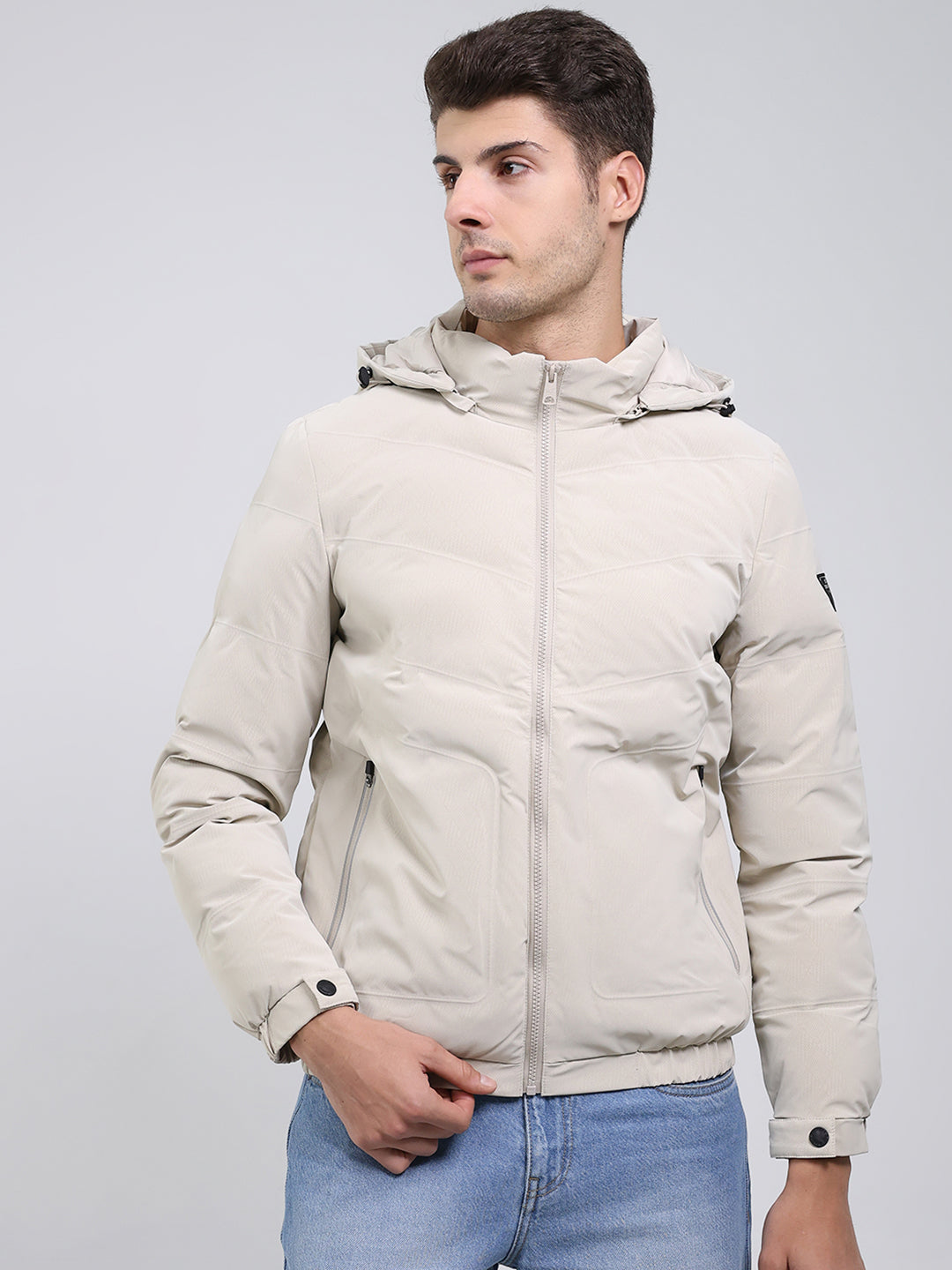 Men Cream Solid Hooded Full Sleeve Jacket