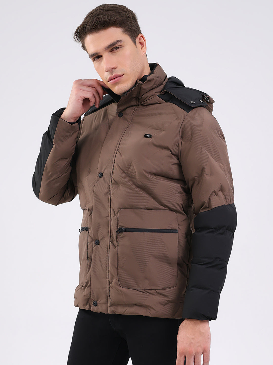 Men Brown Solid Hooded Full Sleeve Jacket