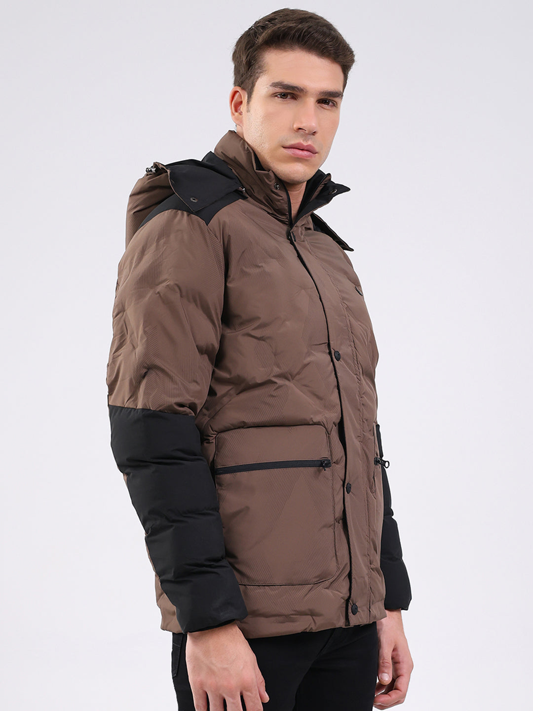 Men Brown Solid Hooded Full Sleeve Jacket