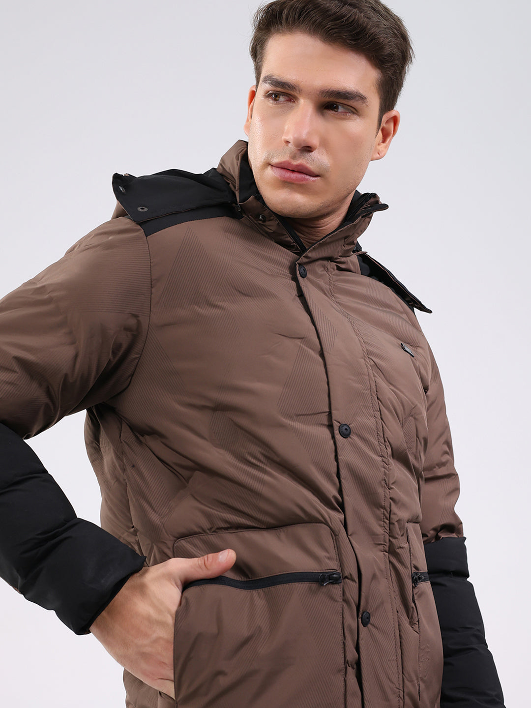 Men Brown Solid Hooded Full Sleeve Jacket