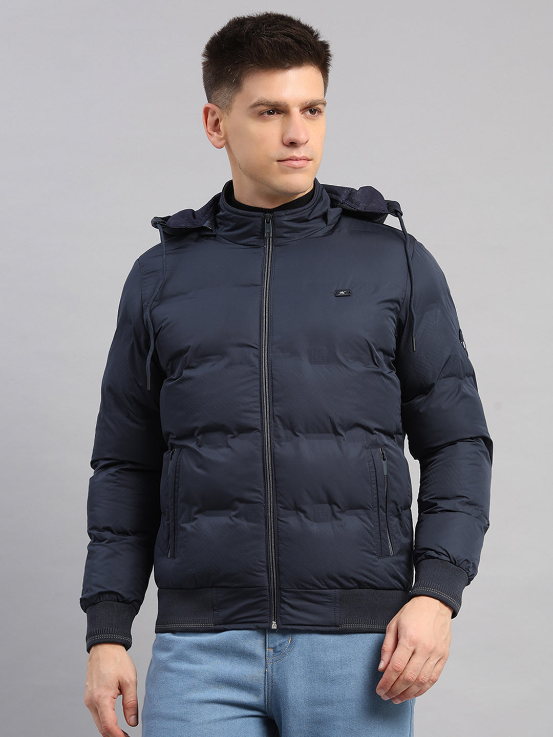 Men Navy Blue Solid Hooded Full Sleeve Jacket