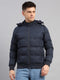 Men Navy Blue Solid Hooded Full Sleeve Jacket