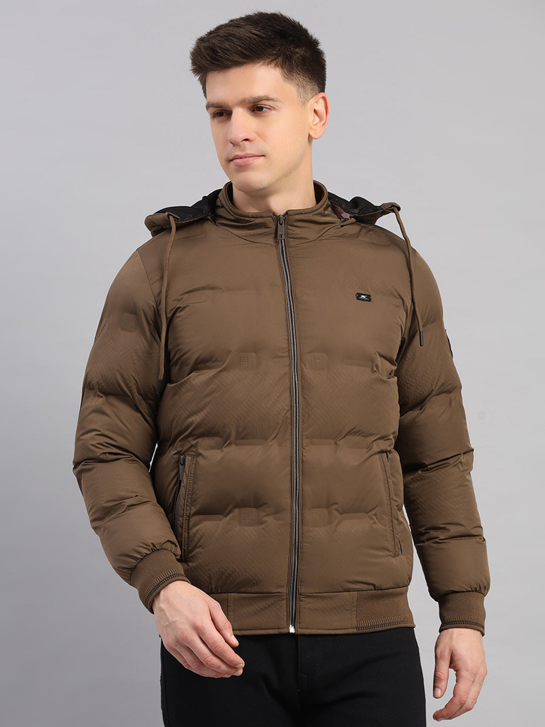 Men Brown Solid Hooded Full Sleeve Jacket
